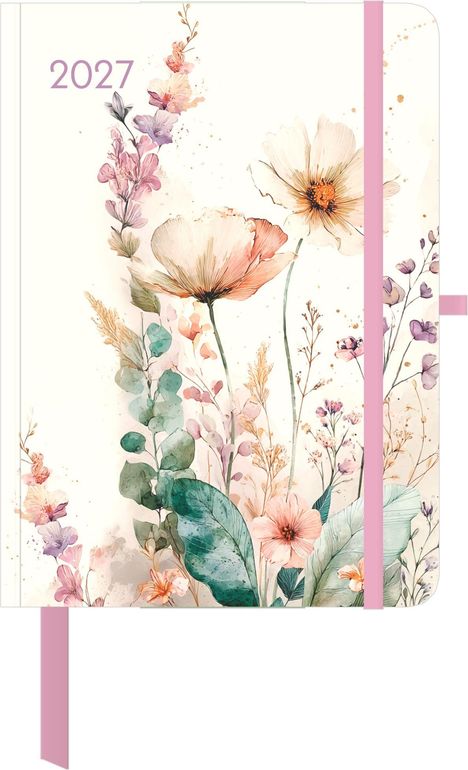 "2027" in lila Schrift oben links. Aquarell-Illustration von Blumen in Pastelltönen, mit rosa Band verziert.