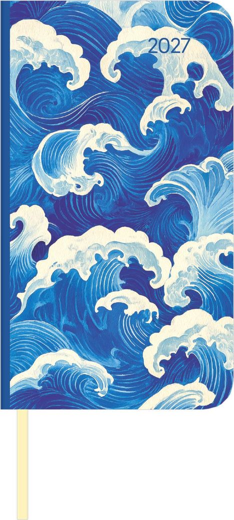 Text "2027". Illustration von blauen Wellen mit weißen Schaumkronen, dynamisches und kunstvolles Design.