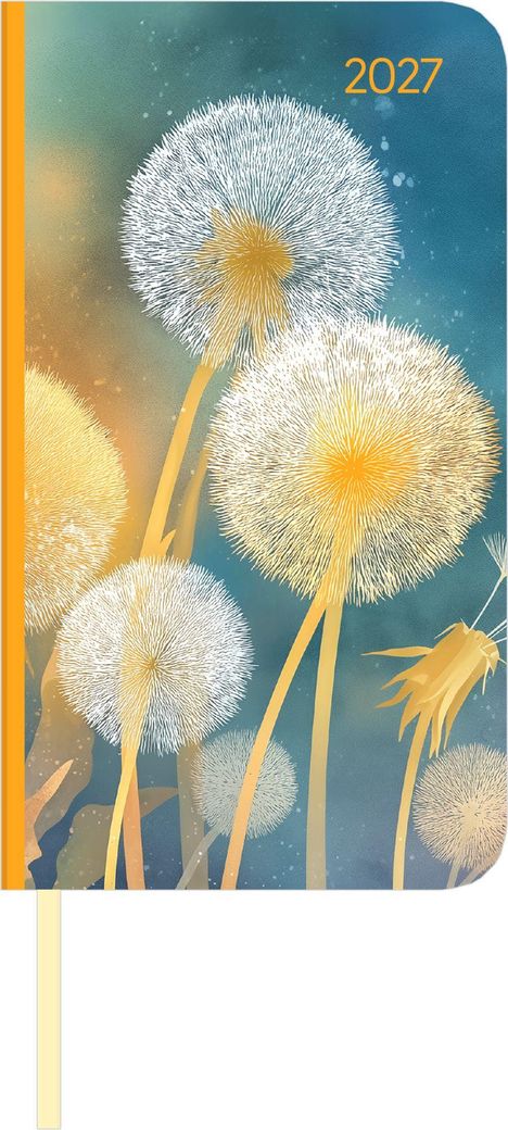 "2027" in orange oben rechts. Illustration von Pusteblumen vor blau-gelb-grünem Hintergrund.