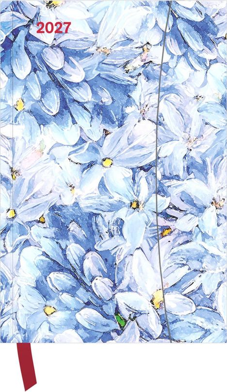 „2027“ in Rot auf blauen und weißen Blumen, mit einem roten Lesezeichen am unteren Rand; Illustration.