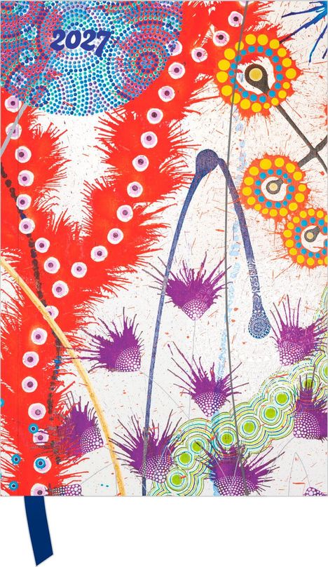 2027. Lebendige, abstrakte Illustration mit roten, blauen und violetten Mustern, Punkten und Linien.