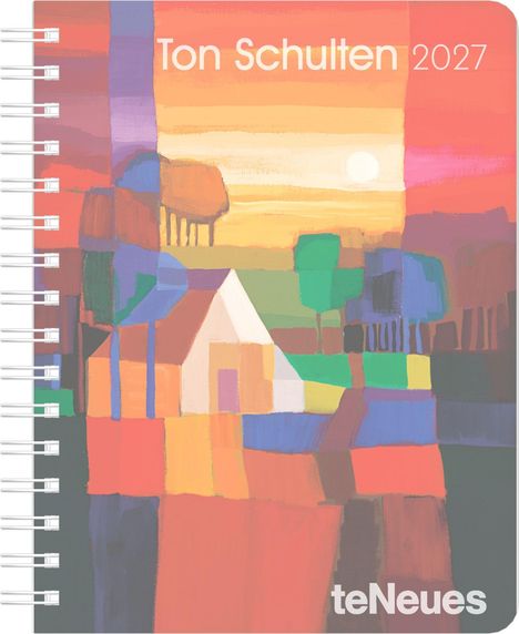 „Ton Schulten 2027“ und „teNeues“. Ein farbenfrohes Gemälde mit abstrakten Formen, Haus und Landschaft.