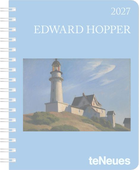 2027, EDWARD HOPPER, teNeues. Illustration eines Leuchtturms und Gebäudes auf einem Hügel unter blauem Himmel.
