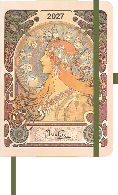 2027; Mucha; Jugendstil-Illustration einer Frau mit Blumen im Haar, umgeben von Sternzeichen-Symbolen.