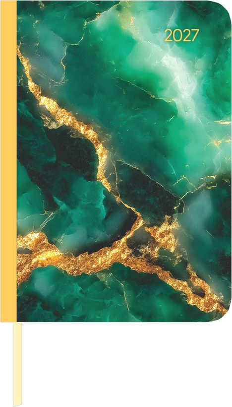 "2027" in goldener Schrift. Ein Cover mit smaragdgrüner Marmor-Optik und goldenen Adern. Links ein gelber Buchrücken.