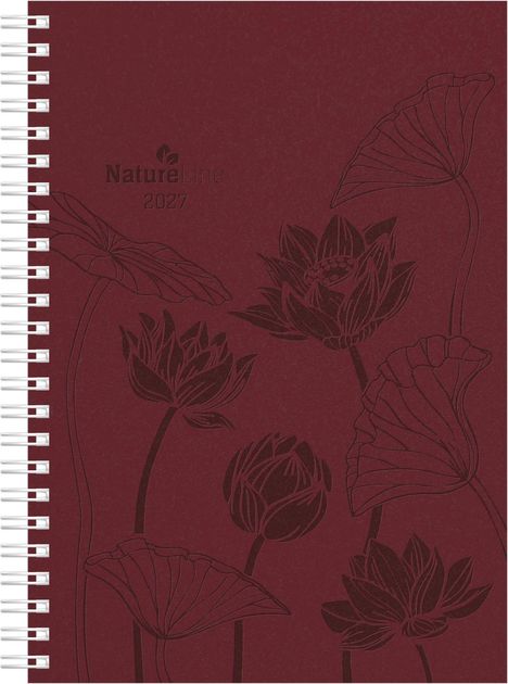 Text: "NatureLine 2027". Illustration von Lotusblumen auf dunkelrotem Hintergrund mit Spulenbindung.