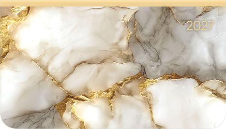 Text: "2027". Illustration mit weiß-goldenem Marmormuster.