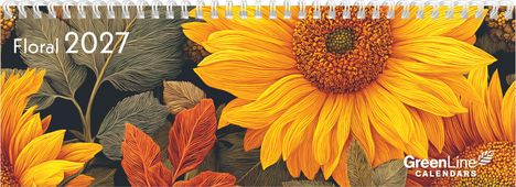 Text: "Floral 2027", "GreenLine CALENDARS". Illustration von großen, leuchtend gelben Sonnenblumen und bunten Blättern.