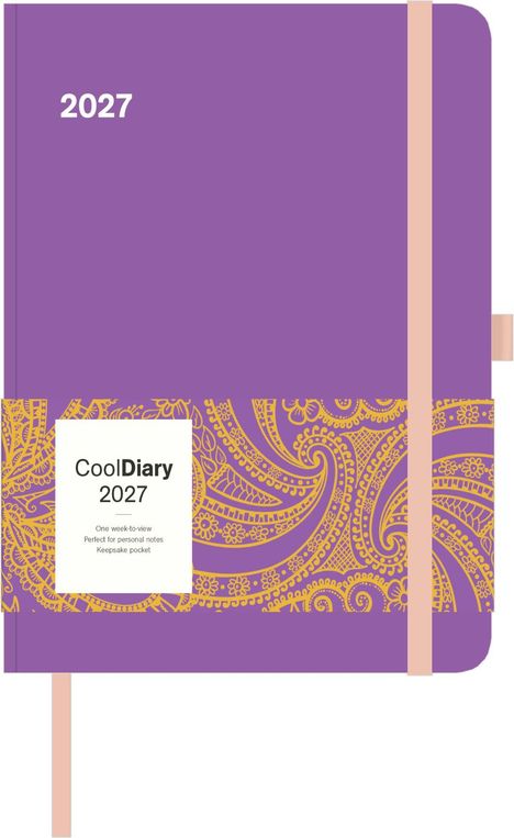 2027. CoolDiary 2027. One week-to-view. Perfect for personal notes. Keepsake pocket. Lila Notizbuch mit Muster.