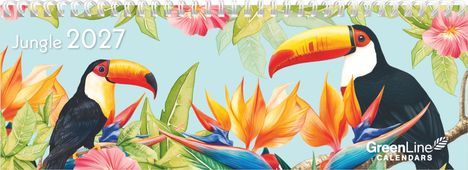 Text: "Jungle 2027" und "GreenLine CALENDARS". Illustration von Tukanen zwischen bunten Blumen und Blättern.