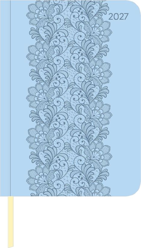 Text "2027". Blaues Buchcover mit floralem Spitzenmuster in der Mitte.