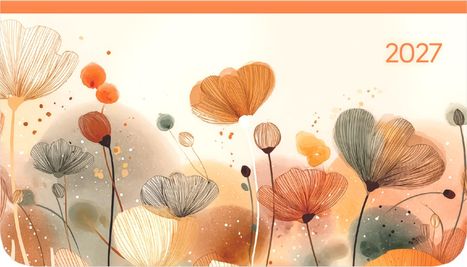 Text: "2027". Eine Illustration von Blumen in sanften Orange- und Beigetönen mit feinen Linien und aquarellartigen Effekten.