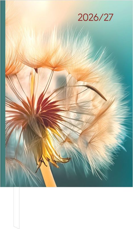 Text "2026/27" in rot. Nahaufnahme einer Pusteblume vor einem weichen, farbigen Hintergrund.