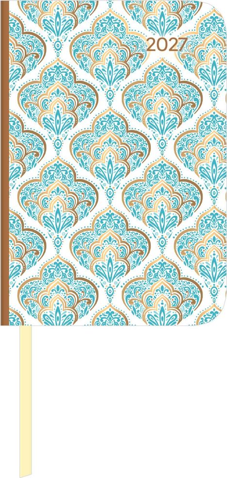 "2027" in braunem Schriftzug, umgeben von blau-goldenem, ornamentalen Muster mit floralen Elementen.