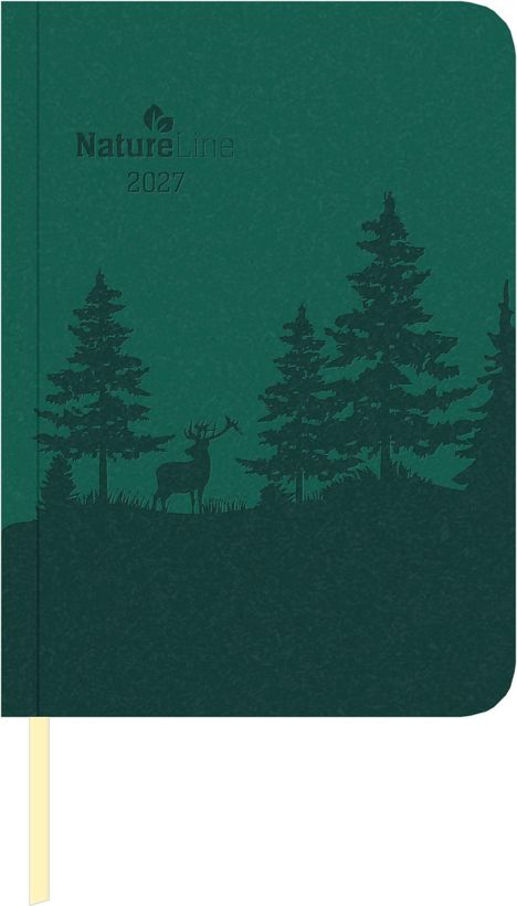 Auf grünem Hintergrund steht "NatureLine 2027" über Bäumen und einem Hirsch, wie in einer Waldszene gezeichnet.