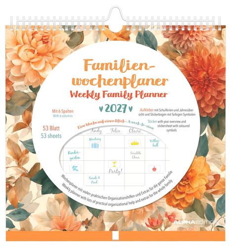"Familienwochenplaner 2027", 53 Blätter, 6 Spalten. Beige Hintergrund mit großen orangen Blumen.