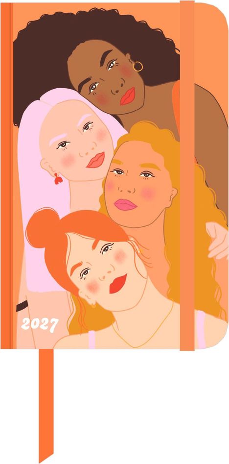 2027. Illustration von vier stilisierten Frauen mit unterschiedlichen Haarfarben und Gesichtszügen, warmes Farbschema.