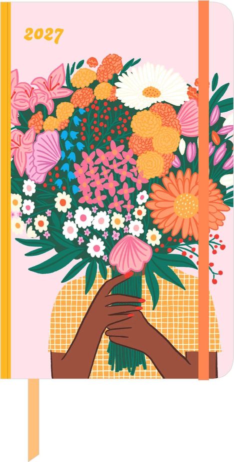 "2027" in gelber Schrift, Illustration: Person hält großen Blumenstrauß mit verschiedenen bunten Blumen, rosa Hintergrund.