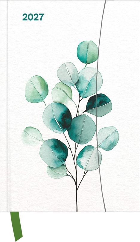 "2027" steht oben. Aquarell-Illustration von grünen Zweigen mit runden Blättern auf weißem Hintergrund.