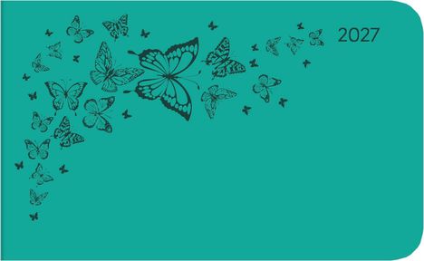 Text "2027" oben rechts. Illustration von Schmetterlingen auf türkisfarbenem Hintergrund, die nach rechts fliegen.