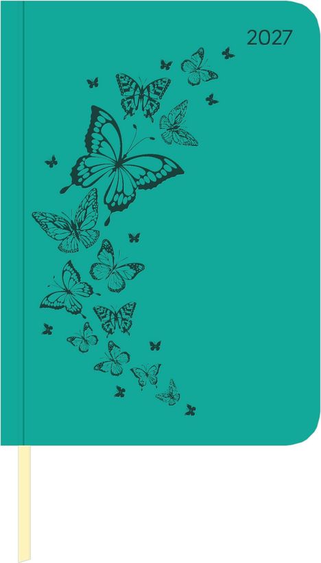 Oben rechts steht "2027". Es gibt viele schwarze Schmetterlinge auf einem türkisfarbenen Hintergrund.