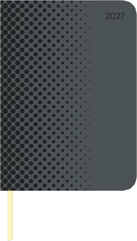 Text: "2027". Dunkelgrauer Einband mit Punktemuster auf der linken Seite und einem beigen Lesezeichen.