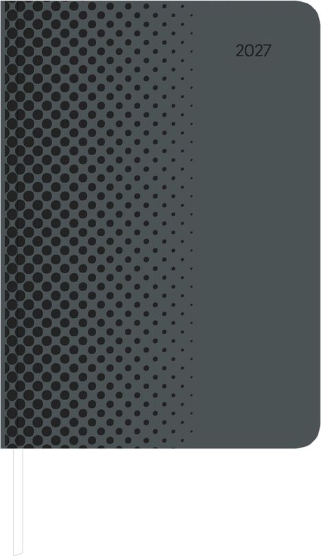 Text: "2027". Dunkelgrauer Einband mit schwarzen Kreisen, die nach rechts kleiner werden.