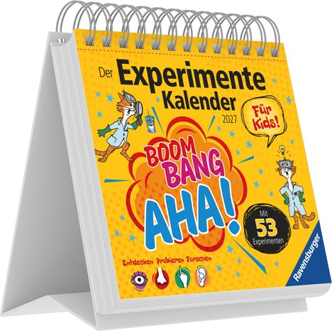 Text: "Der Experimente Kalender 2027", "Für Kids!", "BOOM BANG AHA!", "Mit 53 Experimenten", "Entdecken Probieren Forschen". Illustration: Katze im Laborkittel.