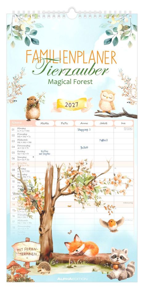 Text oben: "FAMILIENPLANER Tierzauber Magical Forest 2027." Illustration von Waldtieren und einem Baum mit buntem Laub.