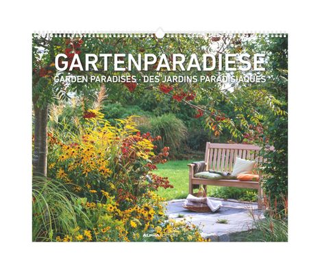 GARTENPARADIESE, GARDEN PARADISES, DES JARDINS PARADISIAQUES. Eine Holzbank in einem blühenden, farbenfrohen Garten.
