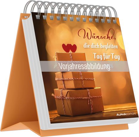"Vorjahresabbildung" zentriert, darüber: "Wünsche, die dich begleiten Tag für Tag". Drei Geschenke mit Herzsymbol.