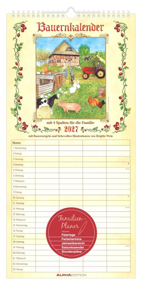 "Bauernkalender 2027" mit Illustration eines Bauernhofs, Tieren und einem Traktor. "Familien-Planer" mit Ferien und Feiertagen.