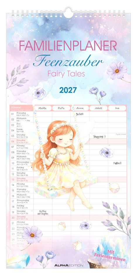 Kalender: Familienplaner Feenzauber 2027. Tabelle mit Spalten für MaMa, PaPa usw. Illustration: Mädchen mit Flügeln.