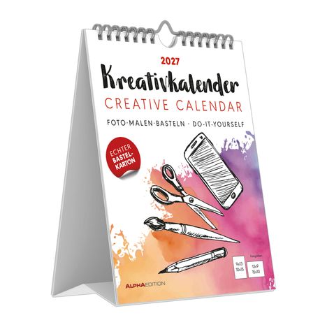 2027 Kreativkalender. Illustration mit Schere, Pinsel, Stift und Smartphone auf buntem Hintergrund.
