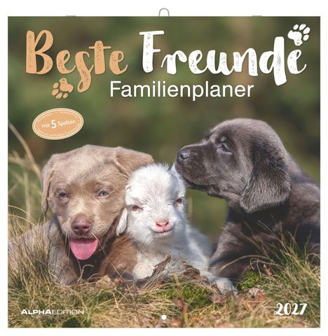 Text: "Beste Freunde Familienplaner" und "mit 5 Spalten". Zwei Welpen kuscheln mit einem jungen Schaf auf einer Wiese.