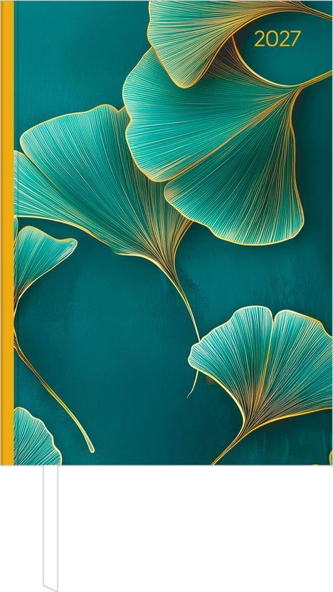 Text "2027" in Gelb. Illustration von grünen Gingkoblättern mit goldenen Konturen auf türkisfarbenem Hintergrund.