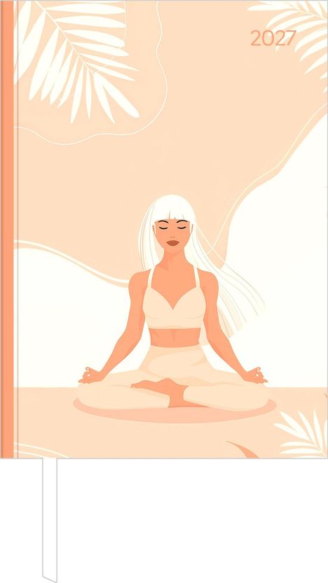 Text: "2027". Illustration: Eine Frau meditiert im Schneidersitz, umgeben von Blättern und Pastellfarben.