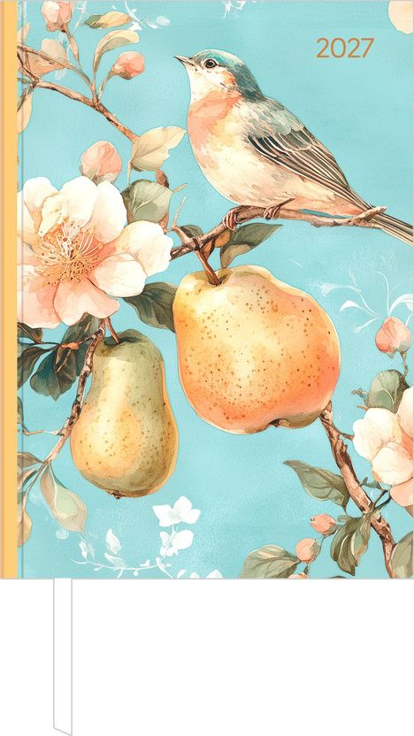 2027 oben. Illustration eines Vogels auf Zweig mit Blüten und Birnen, Hintergrund in blau.