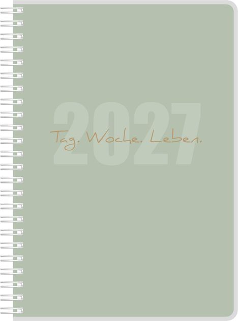 2027, Tag. Woche. Leben. in goldener Schrift vor grünem Hintergrund, Spiralbindung links.