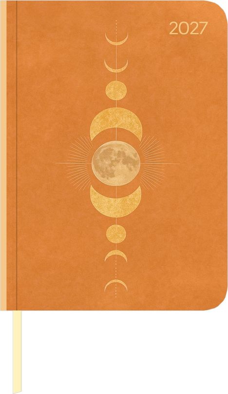 "2027" in der Ecke. Zentral eine Illustration von Mondphasen auf orangefarbenem Hintergrund.