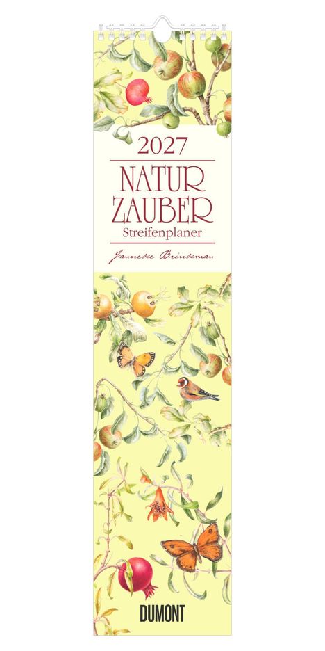 „2027 NATUR ZAUBER Streifenplaner“ steht in roten Buchstaben. Darunter botanische Illustrationen von Früchten und Vögeln.