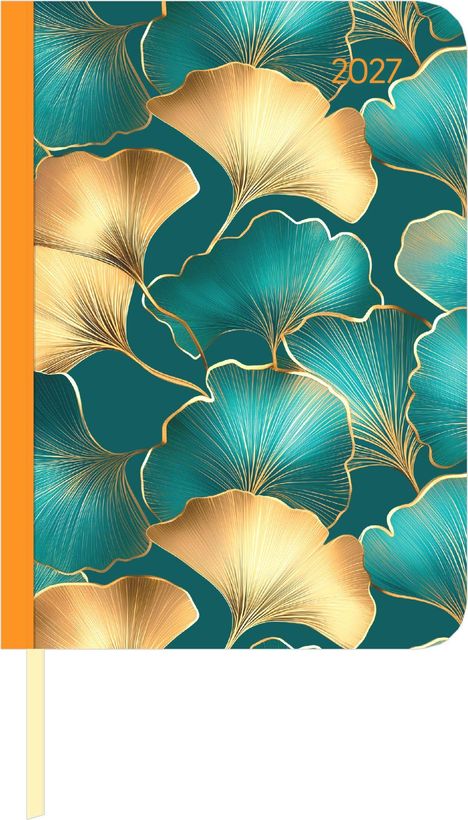 Text "2027". Illustration mit goldenen und türkisfarbenen Ginkgoblättern auf türkisfarbenem Hintergrund, links orangener Streifen.