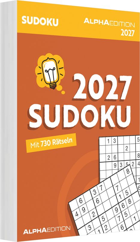 „2027 Sudoku, Mit 730 Rätseln“, Illustration eines Sudoku-Buchs mit Rätselgitter und Glühbirnen-Design.