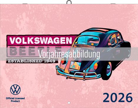 „Volkswagen Beetle, Established 1949, Vorjahresabbildung, 2026.“ Illustration eines VW Käfers und Logo unten links.