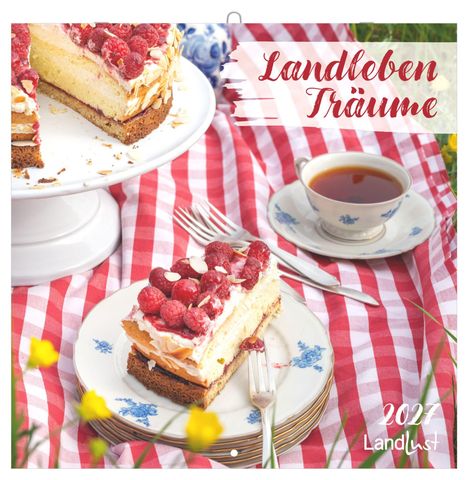 Text "Landleben Träume" auf einem Schild. Ein Stück Himbeerkuchen und eine Tasse Tee auf karierter Decke.