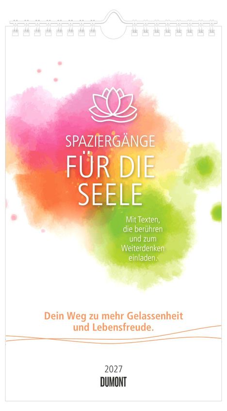 "SPAZIERGÄNGE FÜR DIE SEELE" und "Dein Weg zu mehr Gelassenheit." Aquarell-Design in Rosa, Orange, Grün. Lotus-Logo.