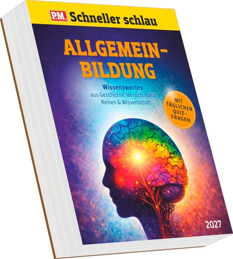 Titel: "ALLGEMEINBILDUNG". Untertitel: "Wissenswertes aus Geschichte, Mensch, Natur, Reisen & Wissenschaft". Silhouette eines Kopfes mit buntem Gehirn.