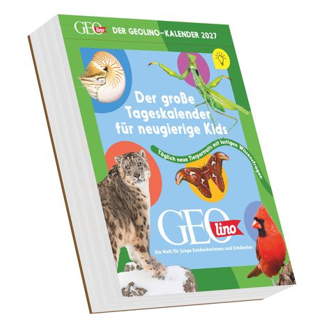 Text: "Der große Tageskalender für neugierige Kids, Täglich neue Tierportraits mit lustigen Wissensfragen." 

Das Cover zeigt Tiere: eine Schneeleopard, eine Gottesanbeterin, und einen Kardinal.