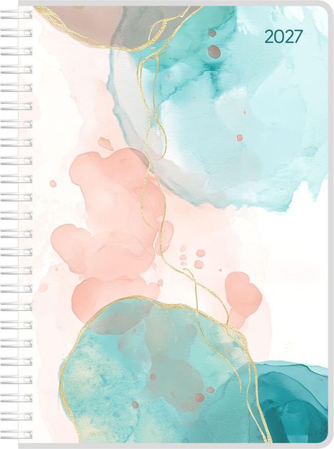 2027. Aquarell-Illustration mit pastellrosa und blauen Flächen, goldenen Linien und einer Spiralbindung.