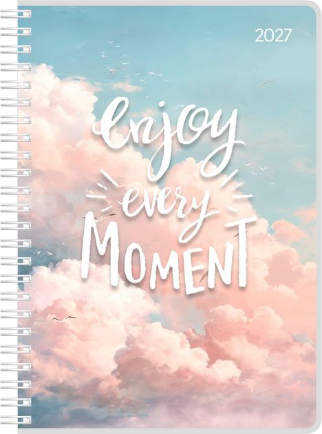 "Enjoy every moment" und "2027" auf rosa Wolkenhintergrund mit blauen Himmel voller Vögel. Spiralbindung an der Seite.